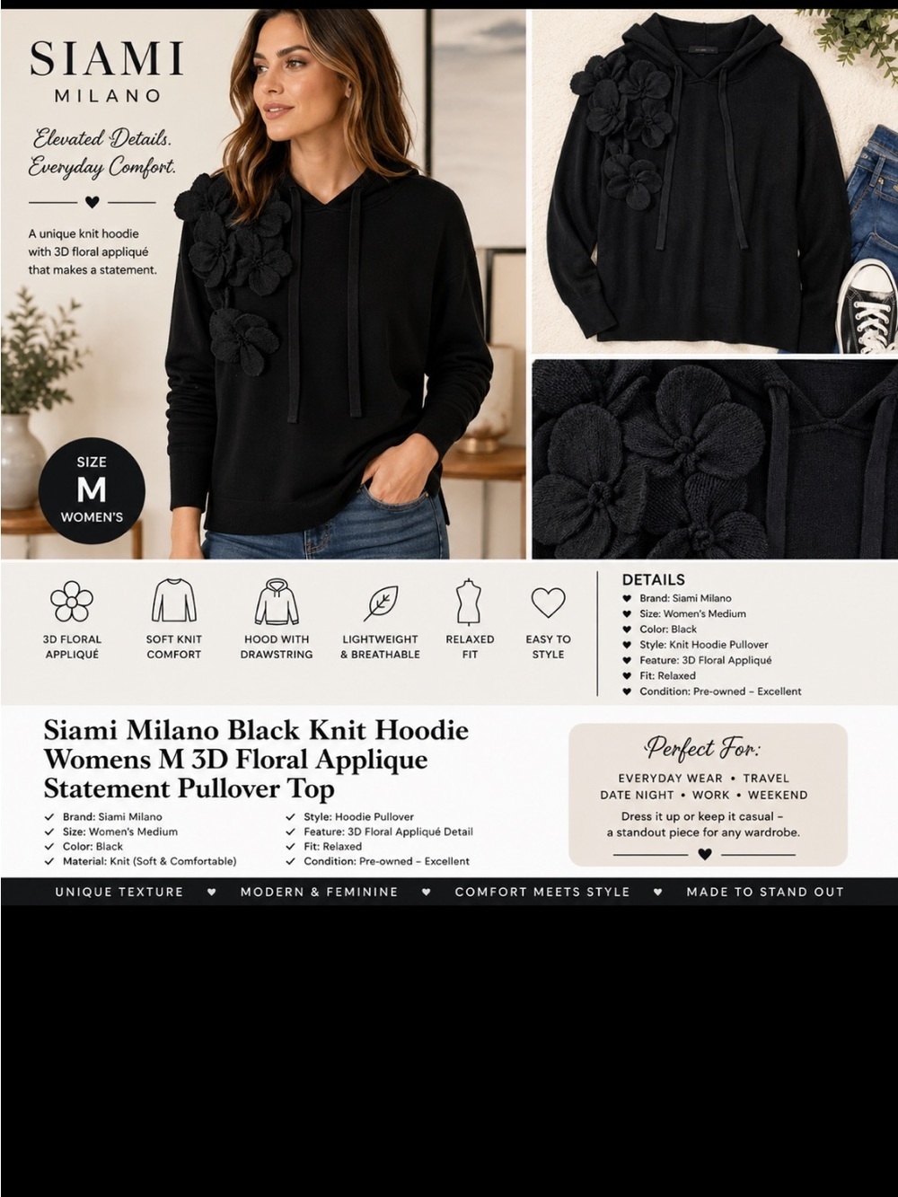 Siami Milano Women’s Black Knit Hoodie Sweater M Floral 3D Applique Pullover